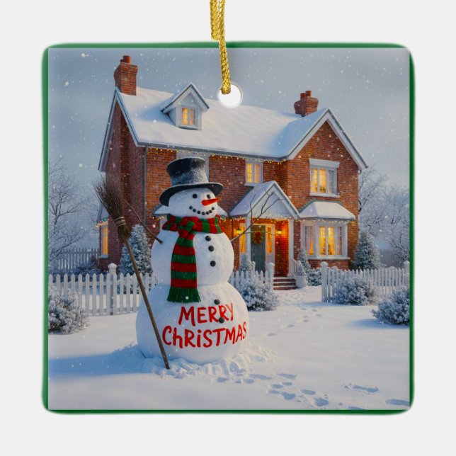 MERRY CHRISTMAS BIG SNOWMAN WINTER SCENE CERAMIC ORNAMENT (Front)