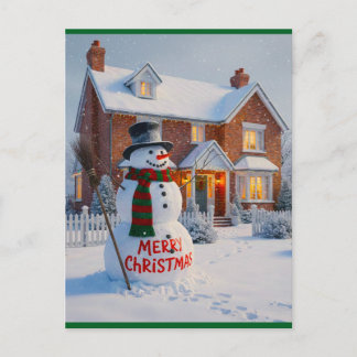 MERRY CHRISTMAS BIG SNOWMAN WINTER SCENE POSTCARD