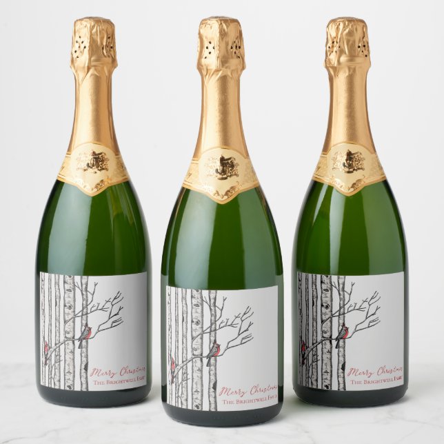Merry Christmas Birch Trees and Red Cardinal Birds Sparkling Wine Label (Bottles)