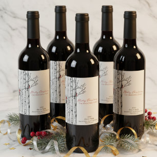 Merry Christmas Birch Trees & Cardinal Birds Ivory Wine Label