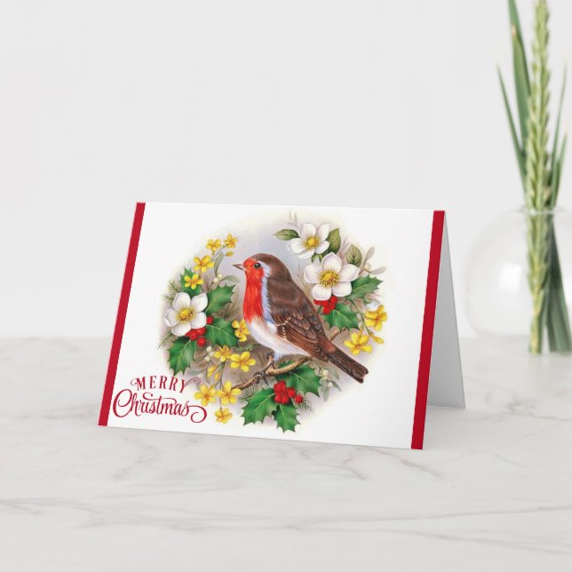 Merry Christmas Bird in Natural Floral Setting Hol Holiday Card (Front)
