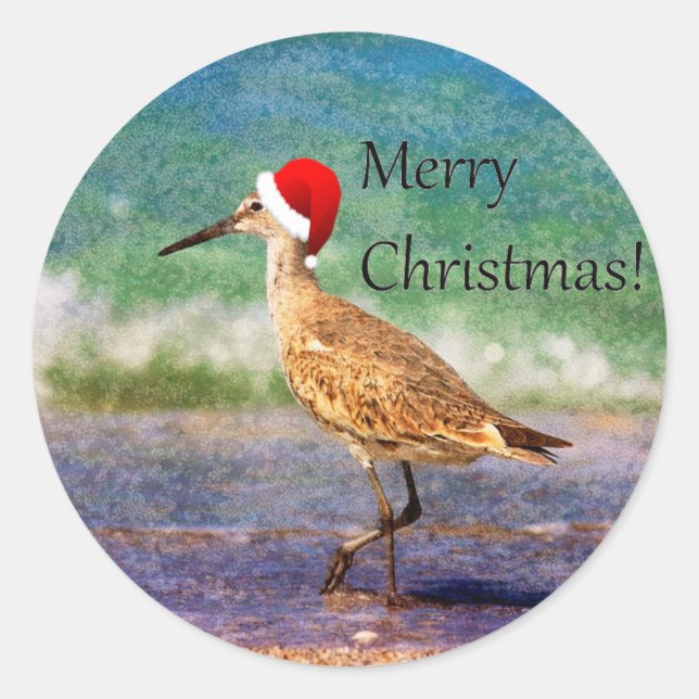 Merry Christmas Bird in Santa Hat on Beach Sticker (Front)