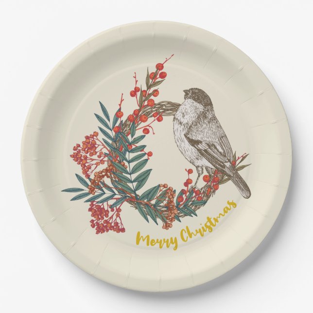 Merry Christmas Bird Wreath Paper Plate (Front)