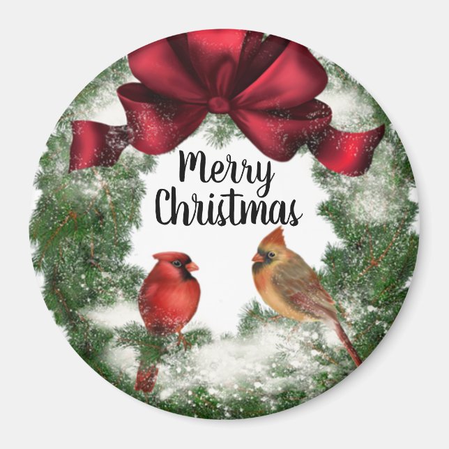 Merry Christmas Birds in Wreath Vintage Magnet (Front)