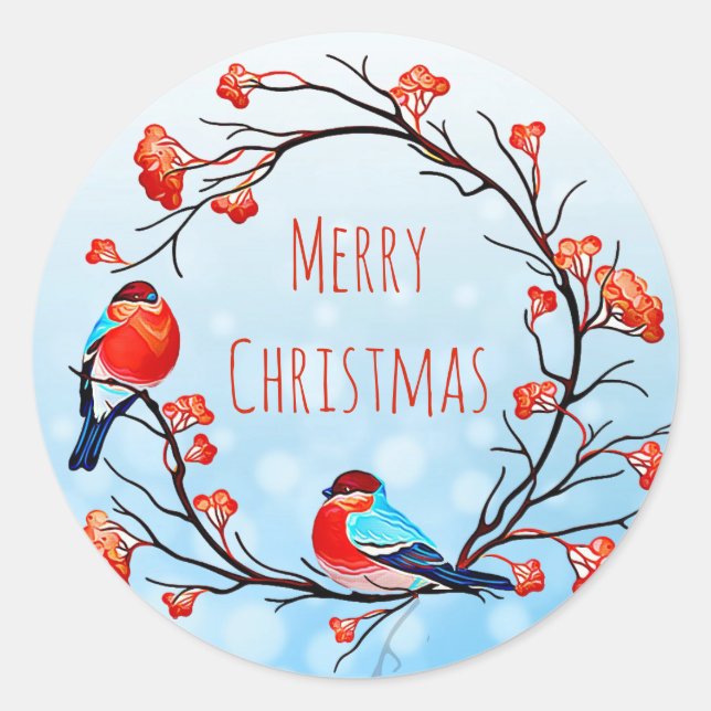 Merry Christmas Birds on a Berry Branch Classic Round Sticker (Front)