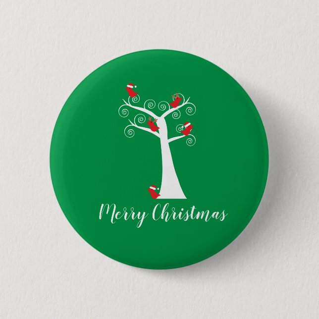 Merry Christmas Birds Red in a Tree Personalize 2 Inch Round Button (Front)