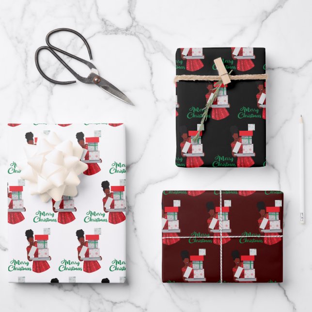 Merry Christmas Black African American Woman Gifts Wrapping Paper Sheet (Front)