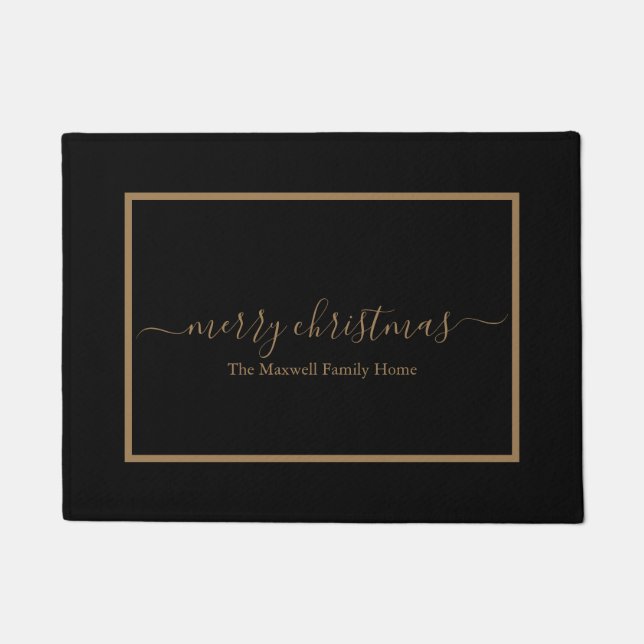 Merry Christmas black and gold family name Doormat (Front)