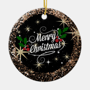Merry Christmas Black and Gold Sparkly Glitter Ceramic Ornament