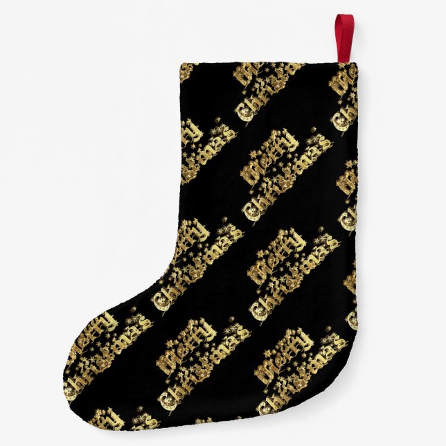 Merry Christmas Black and Gold Stars Typography Small Christmas Stocking (Back)