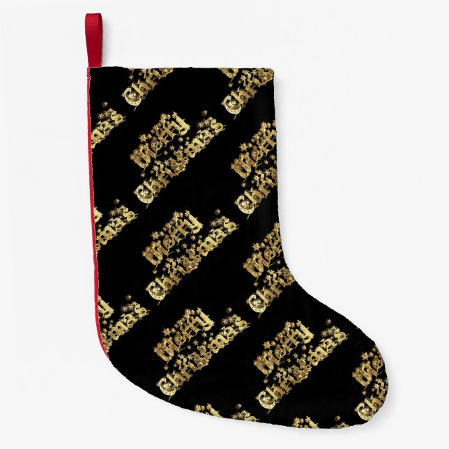 Merry Christmas Black and Gold Stars Typography Small Christmas Stocking (Front)