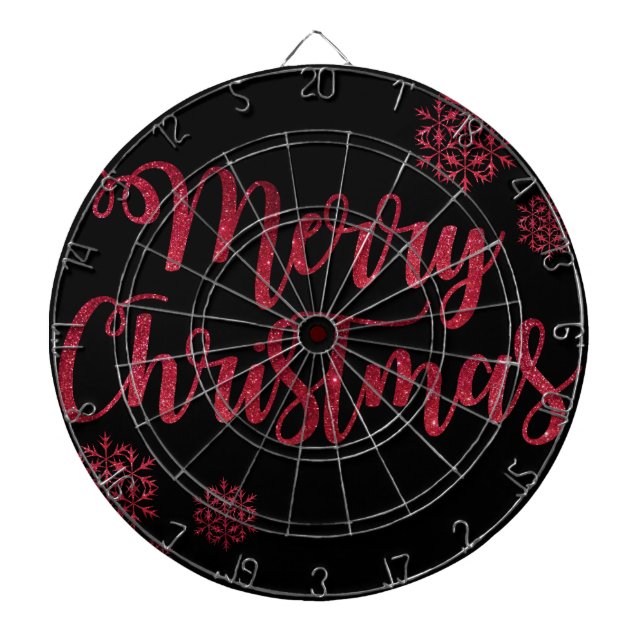 Merry Christmas Black and Red Snowflake Typography Dartboard (Front)