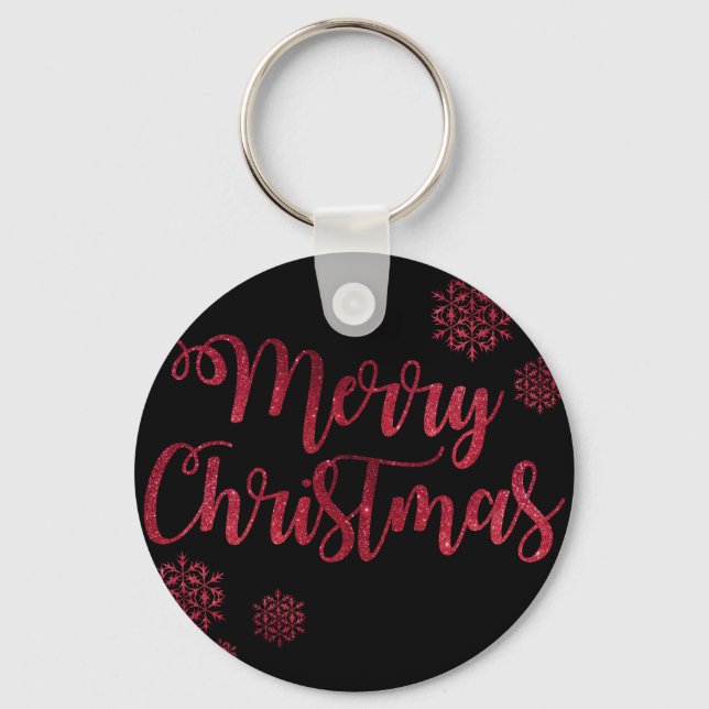 Merry Christmas Black and Red Snowflake Typography Keychain (Front)