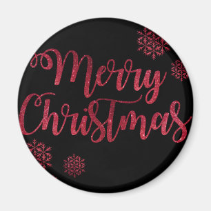 Merry Christmas Black and Red Snowflake Typography Magnet