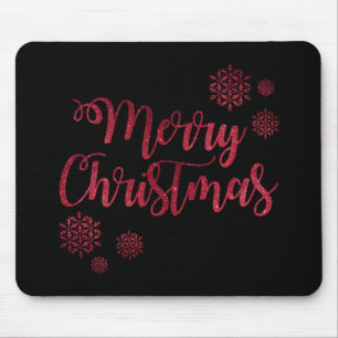 Merry Christmas Black and Red Snowflake Typography Mouse Pad