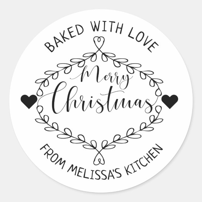 Merry Christmas Black And White Baked With Love Classic Round Sticker (Front)