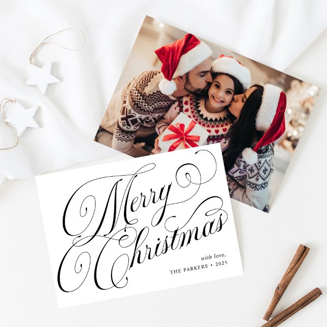 Merry Christmas Black and White Calligraphy Photo Holiday Card (Creator Uploaded)