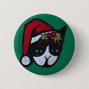 Merry Christmas Black and White Cat 2 Inch Round Button