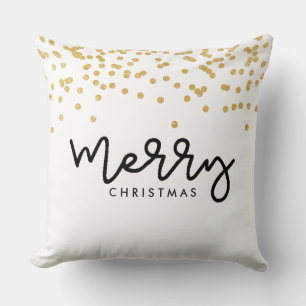 Merry Christmas Black and White with Gold Look Dot Throw Pillow