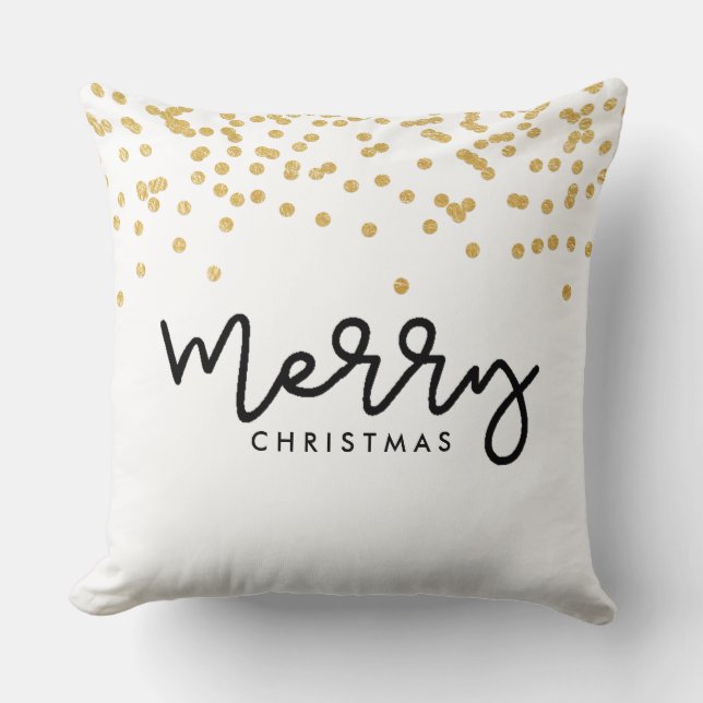 Merry Christmas Black and White with Gold Look Dot Throw Pillow (Front)