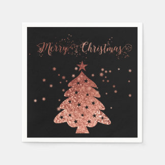 Merry Christmas Black Background Pink Faux foil Napkin