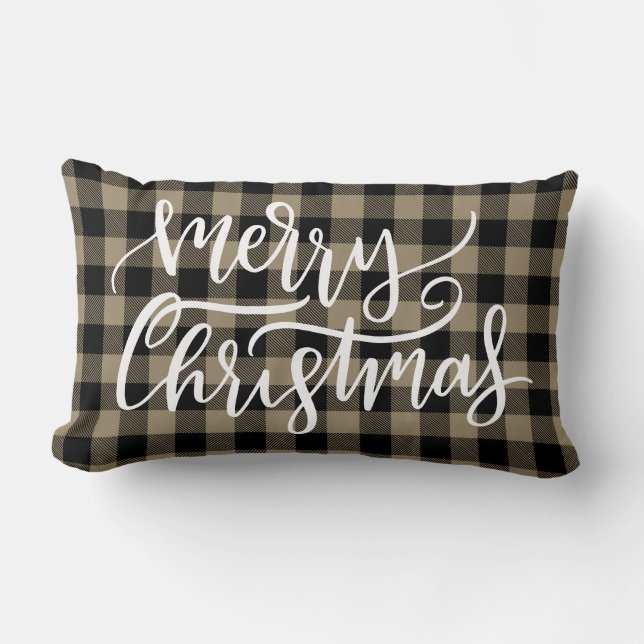 Merry Christmas Black Brown Buffalo Plaid  Lumbar Pillow (Front)