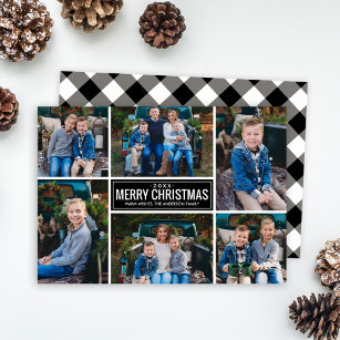 Merry Christmas Black Buffalo Plaid Photo Collage Holiday Card