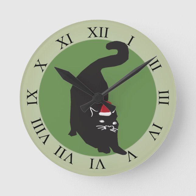 Merry Christmas Black Cat Round Clock (Front)