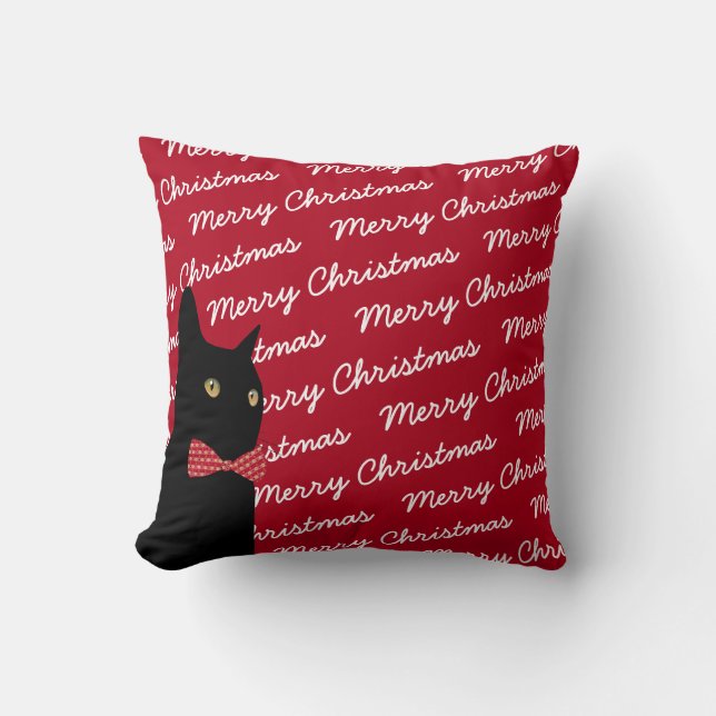 Merry Christmas Black Cat Throw Pillow (Front)