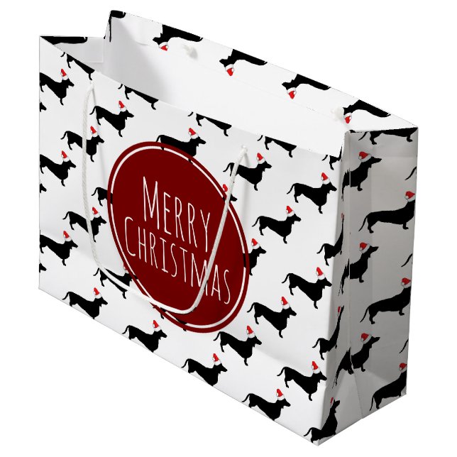 Merry Christmas Black Dachshunds Pattern Large Gift Bag (Front Angled)