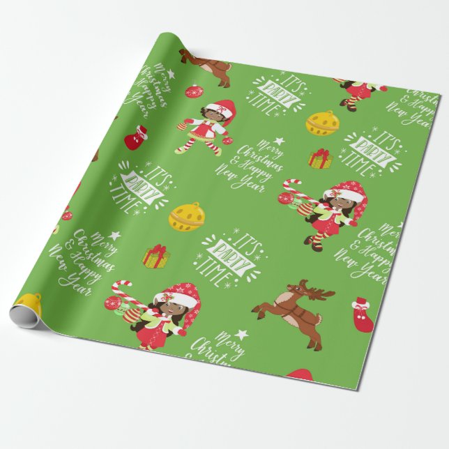 Merry Christmas Black Elf Girl Wrapping Paper (Unrolled)