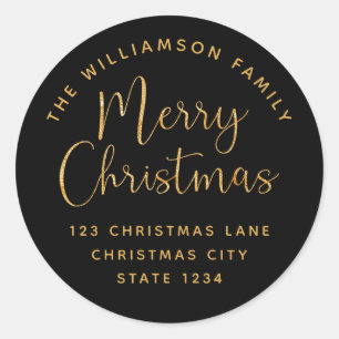 Merry Christmas Black Gold Classic Round Sticker