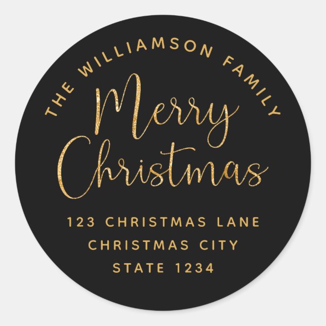 Merry Christmas Black Gold Classic Round Sticker (Front)