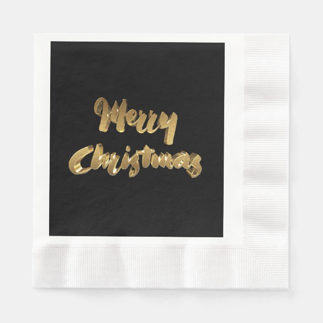 Merry Christmas Black Gold Handwriting Typography Napkin (Front)