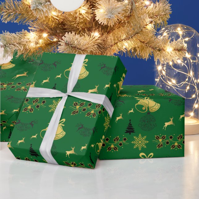 Merry Christmas Black, Gold with Reindeer, Bell GR Wrapping Paper (Holidays)