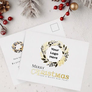 Merry Christmas Black Gold Wreath Business Foil Holiday Postcard