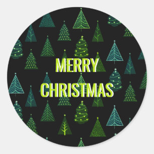 Merry Christmas! Black & Green Christmas Trees Classic Round Sticker