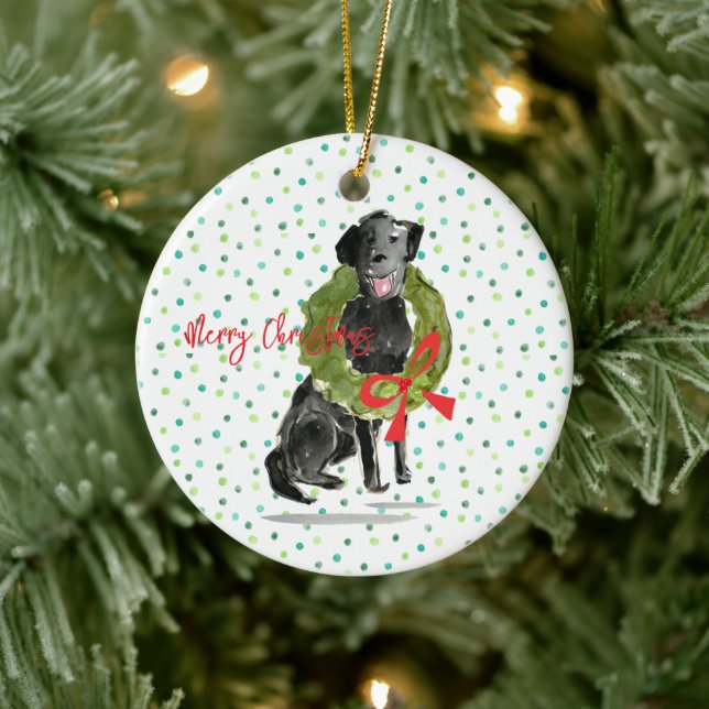 Merry Christmas Black Lab Dog Wreath Holly Family  Ceramic Ornament (Tree)