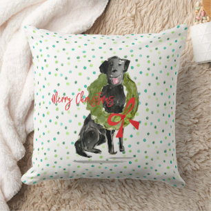 Merry Christmas Black Lab Dog Wreath Holly Family  Throw Pillow