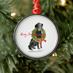 Merry Christmas Black Lab Dog Wreath Holly Pets Metal Ornament