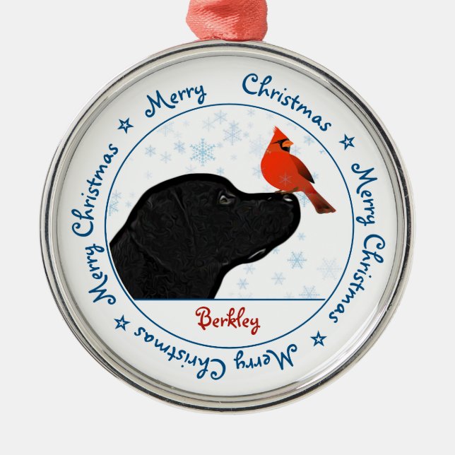 Merry Christmas Black Labrador Cardinal Dog Metal Ornament (Front)