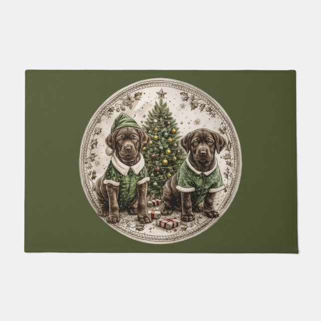 Merry Christmas Black Labrador Retriever Puppy Doormat (Front)
