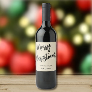 Merry Christmas Black & Pearl, Name on Set of 6 Wine Label