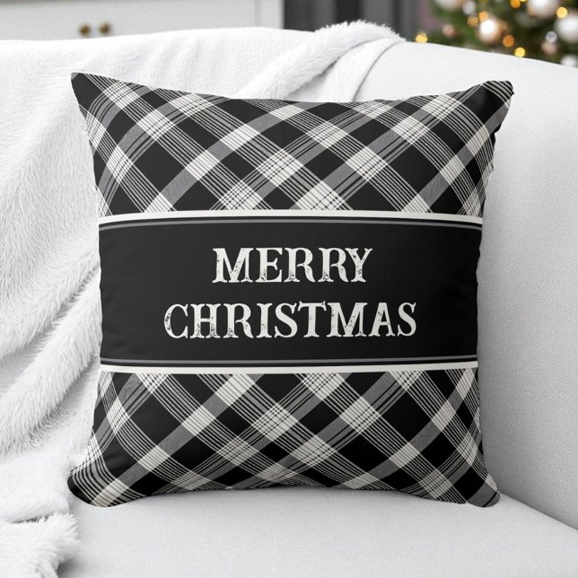 Merry Christmas Black Plaid Pattern Modern Rustic Throw Pillow (Merry Christmas Black Plaid Pattern Modern Rustic Throw Pillow)