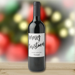 Merry Christmas Black & Platinum, Name on Set of 6 Wine Label