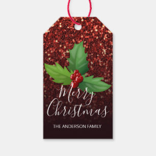 Merry Christmas Black Red Glitter HOLLY gift Tags