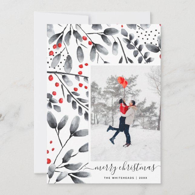Merry Christmas Black Red Watercolor Modern Photo Holiday Card (Front)