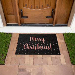Merry Christmas Black Rose Gold Polka Dot Pattern Doormat