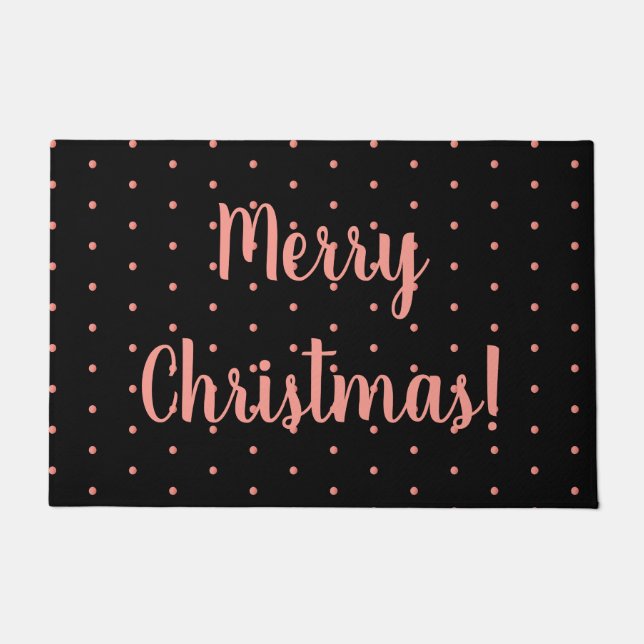 Merry Christmas Black Rose Gold Polka Dot Pattern Doormat (Front)
