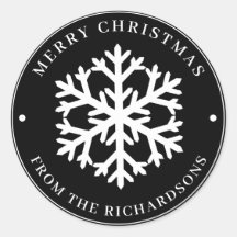 Merry Christmas Black Round White Snowflake 